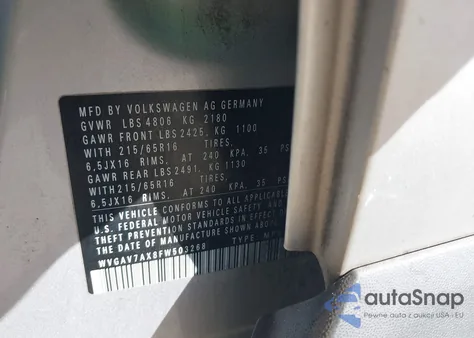 2015 Volkswagen Tiguan S из США, поврежденный, VIN WVGAV7AX8FW503268